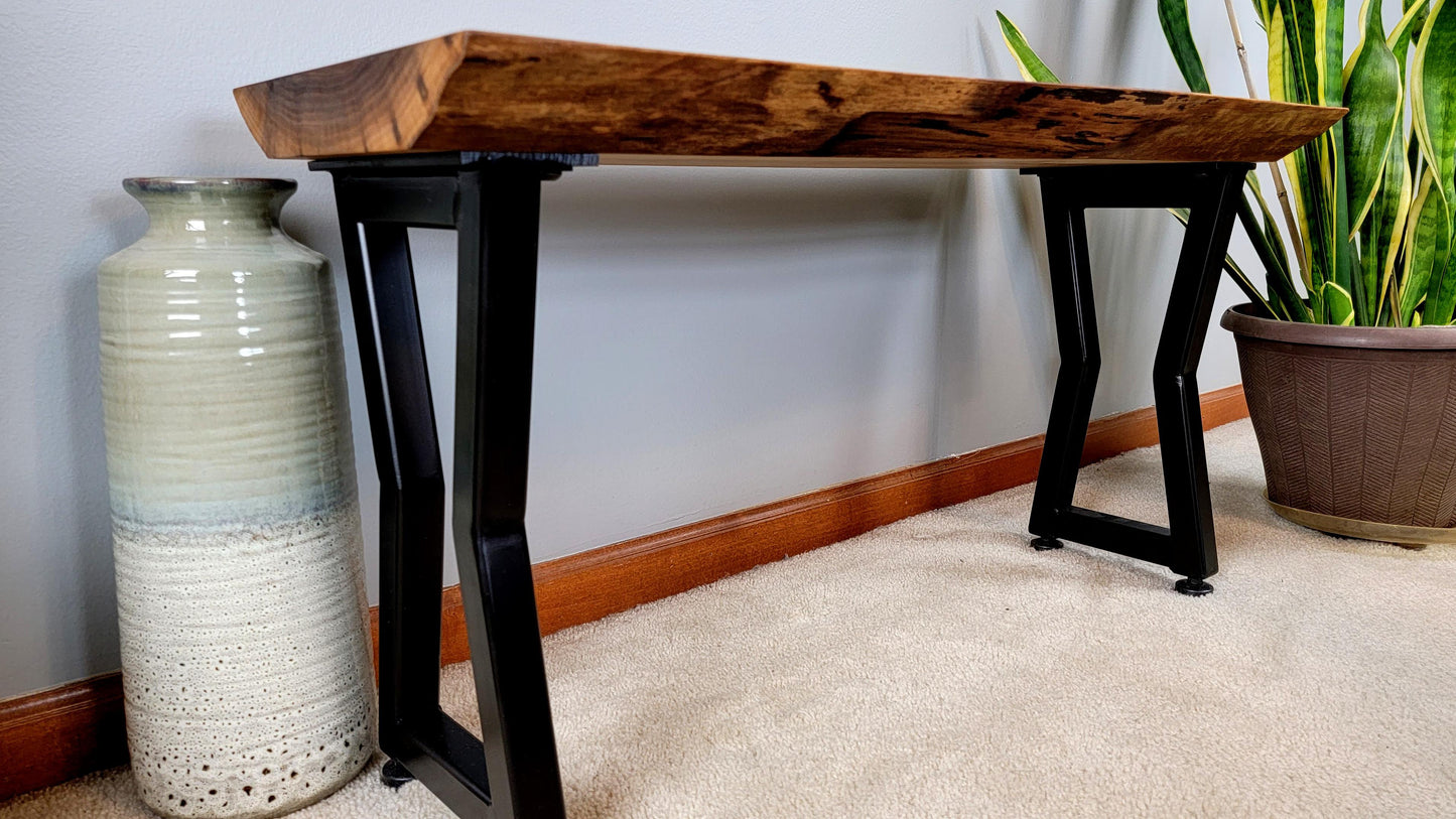 Walnut Bench w/ Hourglass Metal Legs